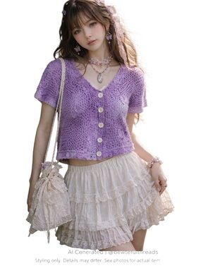 Purple Tie Dye Crochet Cardigan Butterfly Appliqué Boho Fairycore Top XL